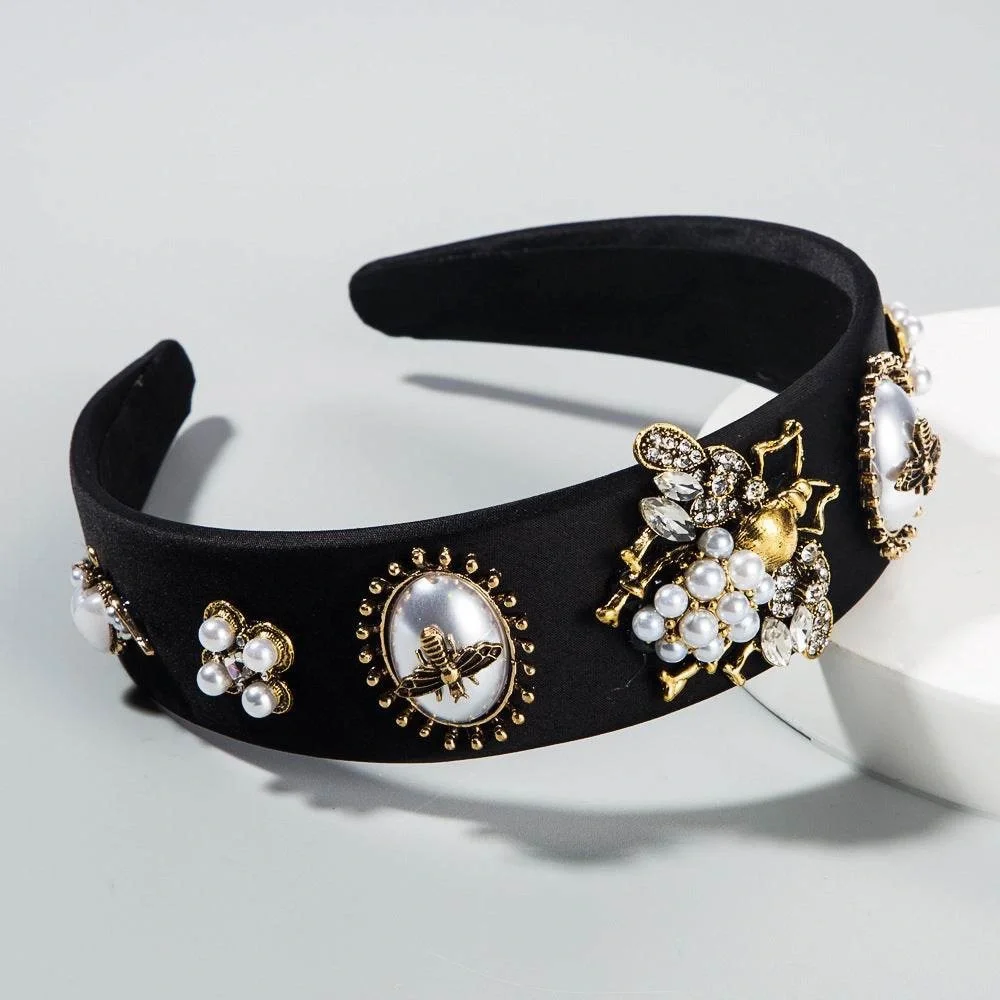 Bee pearl Headband black baroque inspired faux‎ pearls gold tone Victorian *flaw